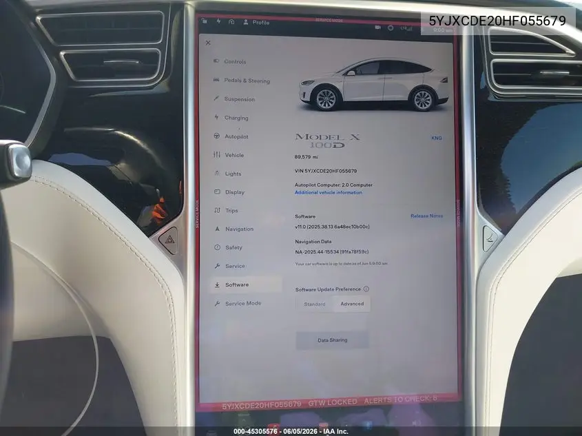 2017 Tesla Model X 100D/75D/90D VIN: 5YJXCDE20HF055679 Lot: 45305576