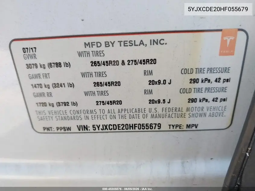 2017 Tesla Model X 100D/75D/90D VIN: 5YJXCDE20HF055679 Lot: 45305576