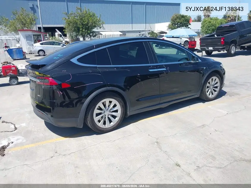 2018 Tesla Model X 100D/75D/P100D VIN: 5YJXCAE24JF138343 Lot: 45317478