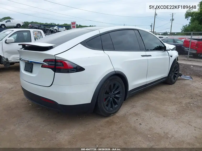 2019 Tesla Model X 100D/75D/Long Range/Standard Range VIN: 5YJXCDE22KF189648 Lot: 45477728