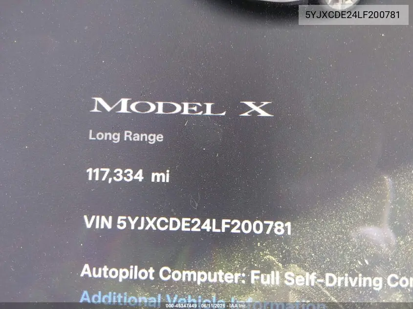 2020 Tesla Model X Long Range Dual Motor All-Wheel Drive/Long Range Plus Dual Motor All-Wheel Drive VIN: 5YJXCDE24LF200781 Lot: 45347449