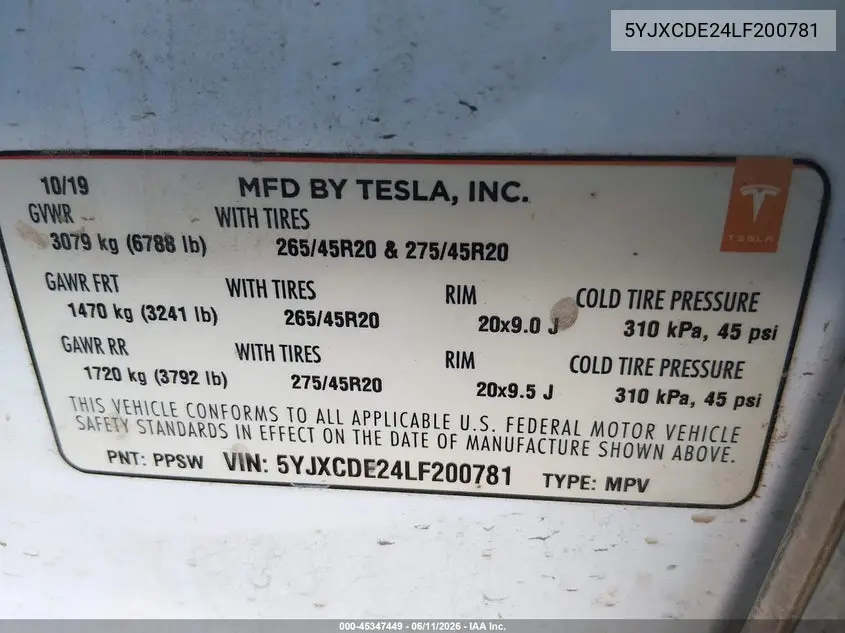 2020 Tesla Model X Long Range Dual Motor All-Wheel Drive/Long Range Plus Dual Motor All-Wheel Drive VIN: 5YJXCDE24LF200781 Lot: 45347449