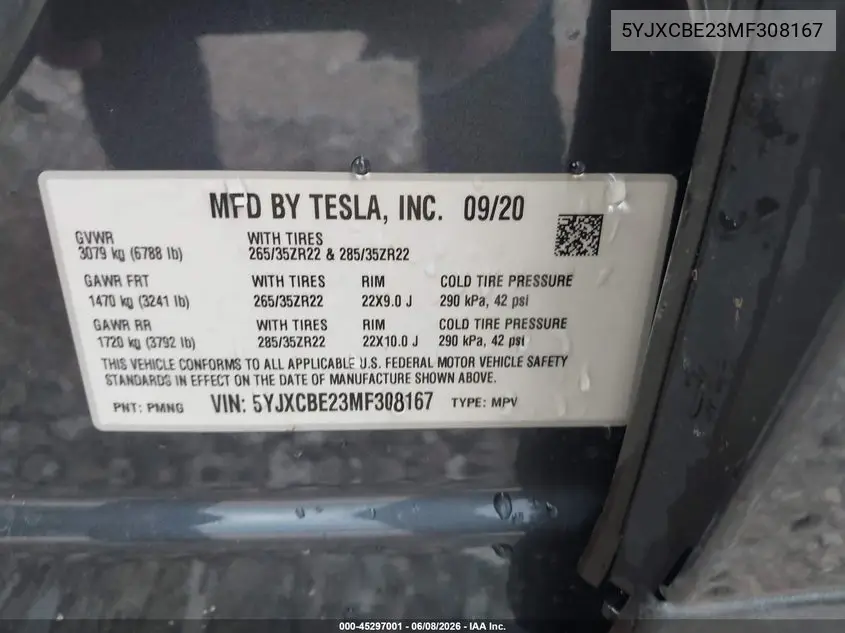 2021 Tesla Model X Long Range Dual Motor All-Wheel Drive/Long Range Plus Dual Motor All-Wheel Drive VIN: 5YJXCBE23MF308167 Lot: 45297001