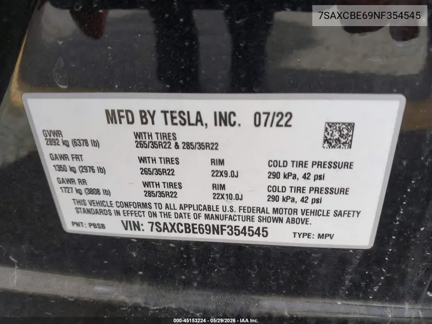 2022 Tesla Model X Plaid Tri Motor All-Wheel Drive VIN: 7SAXCBE69NF354545 Lot: 45153224