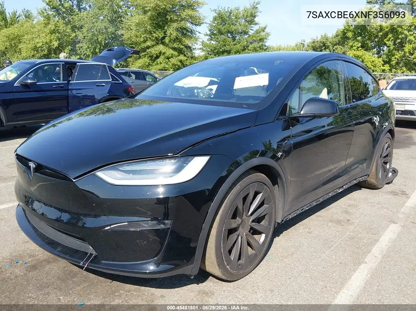 2022 Tesla Model X Plaid Tri Motor All-Wheel Drive VIN: 7SAXCBE6XNF356093 Lot: 45481801