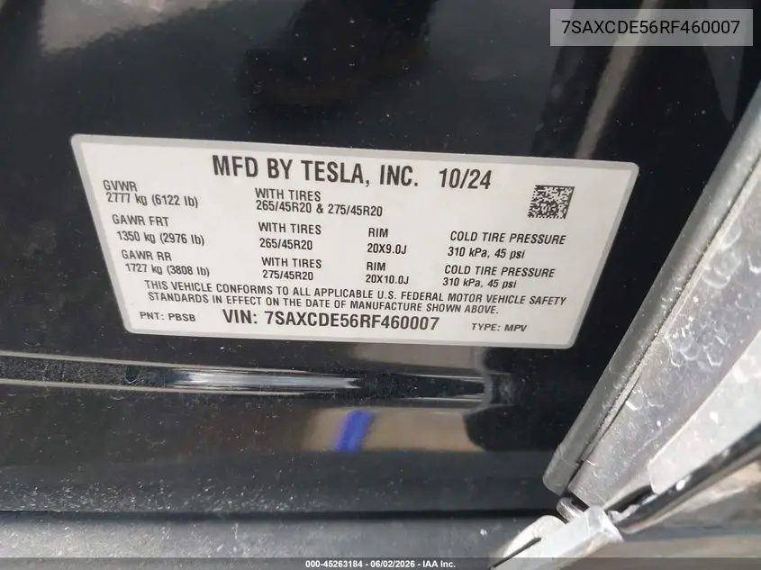 2024 Tesla Model X Long Range VIN: 7SAXCDE56RF460007 Lot: 45263184