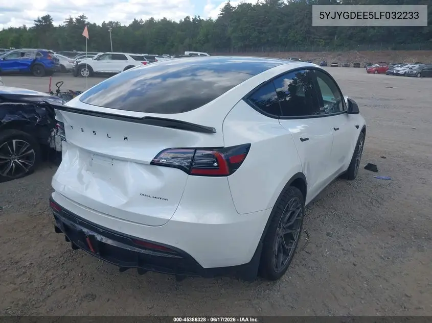 2020 Tesla Model Y Long Range Dual Motor All-Wheel Drive VIN: 5YJYGDEE5LF032233 Lot: 45386328