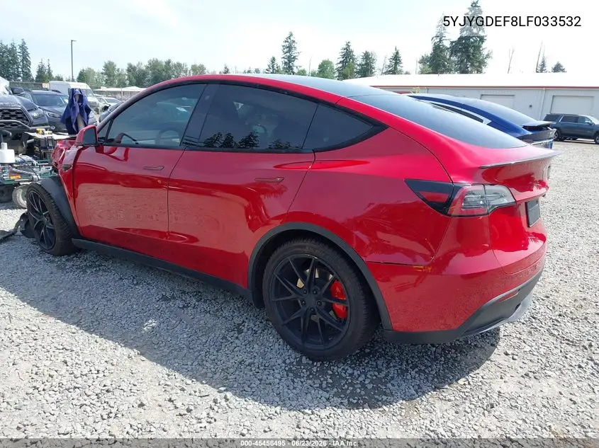 2020 Tesla Model Y Long Range Dual Motor All-Wheel Drive/Performance Dual Motor All-Wheel Drive VIN: 5YJYGDEF8LF033532 Lot: 45456495