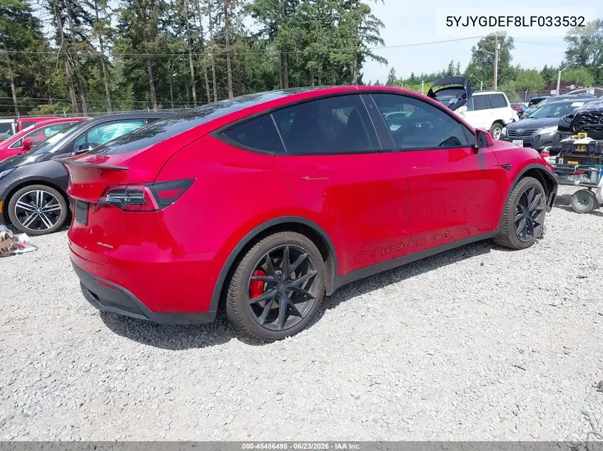 2020 Tesla Model Y Long Range Dual Motor All-Wheel Drive/Performance Dual Motor All-Wheel Drive VIN: 5YJYGDEF8LF033532 Lot: 45456495
