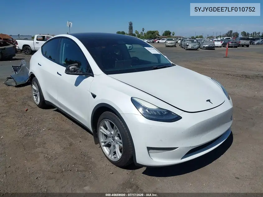 2020 Tesla Model Y Long Range Dual Motor All-Wheel Drive VIN: 5YJYGDEE7LF010752 Lot: 45659500