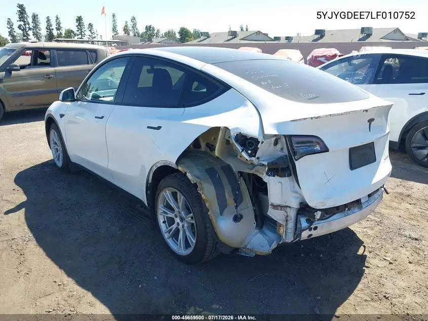 2020 Tesla Model Y Long Range Dual Motor All-Wheel Drive VIN: 5YJYGDEE7LF010752 Lot: 45659500