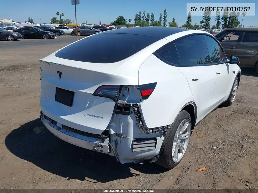 2020 Tesla Model Y Long Range Dual Motor All-Wheel Drive VIN: 5YJYGDEE7LF010752 Lot: 45659500