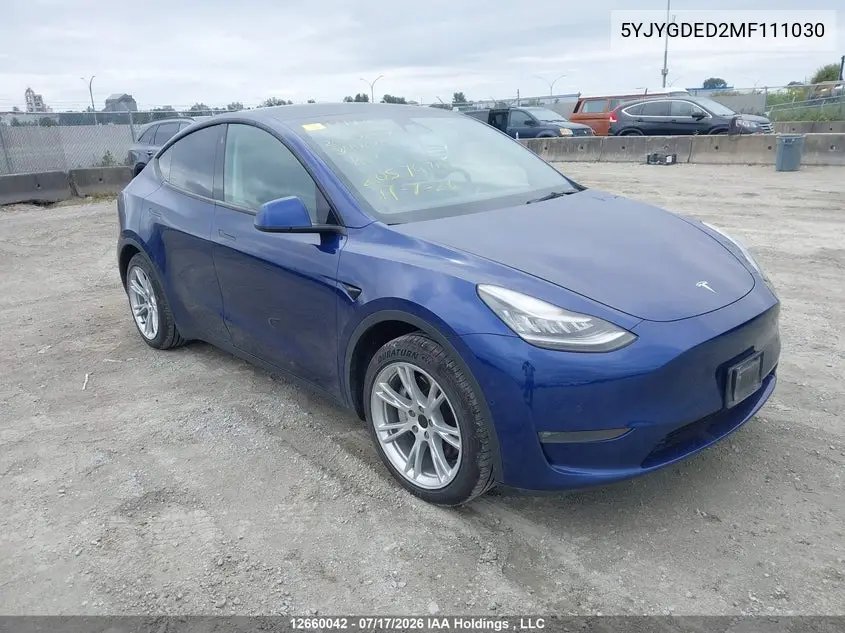 2021 Tesla Model Y Standard Range Rear-Wheel Drive VIN: 5YJYGDED2MF111030 Lot: 12660042