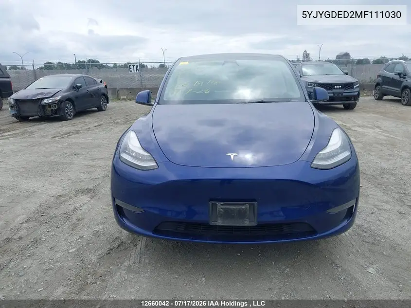 2021 Tesla Model Y Standard Range Rear-Wheel Drive VIN: 5YJYGDED2MF111030 Lot: 12660042