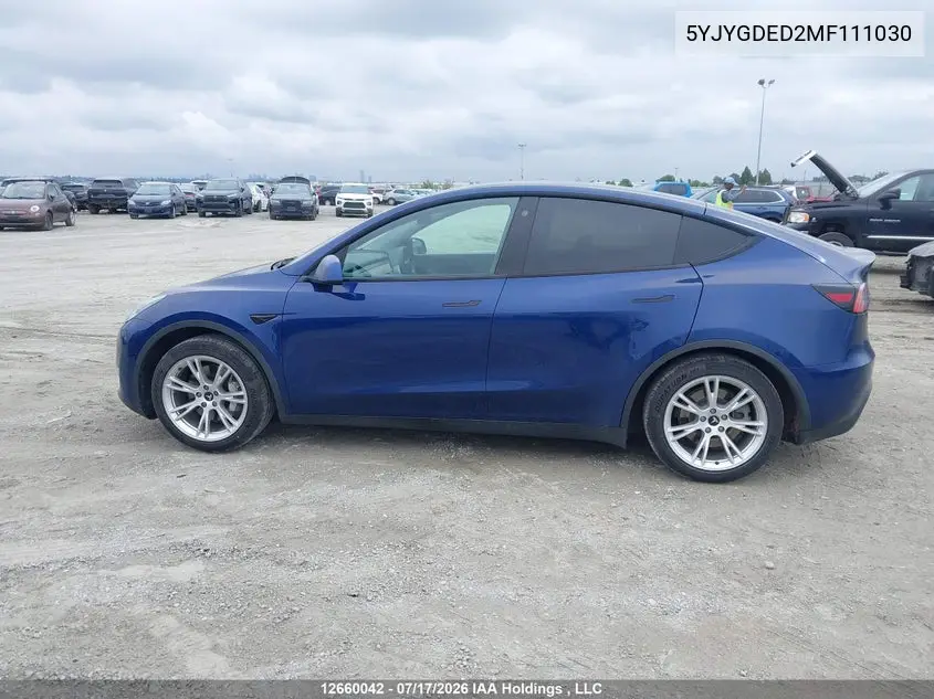 2021 Tesla Model Y Standard Range Rear-Wheel Drive VIN: 5YJYGDED2MF111030 Lot: 12660042