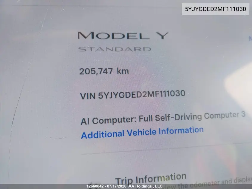 2021 Tesla Model Y Standard Range Rear-Wheel Drive VIN: 5YJYGDED2MF111030 Lot: 12660042