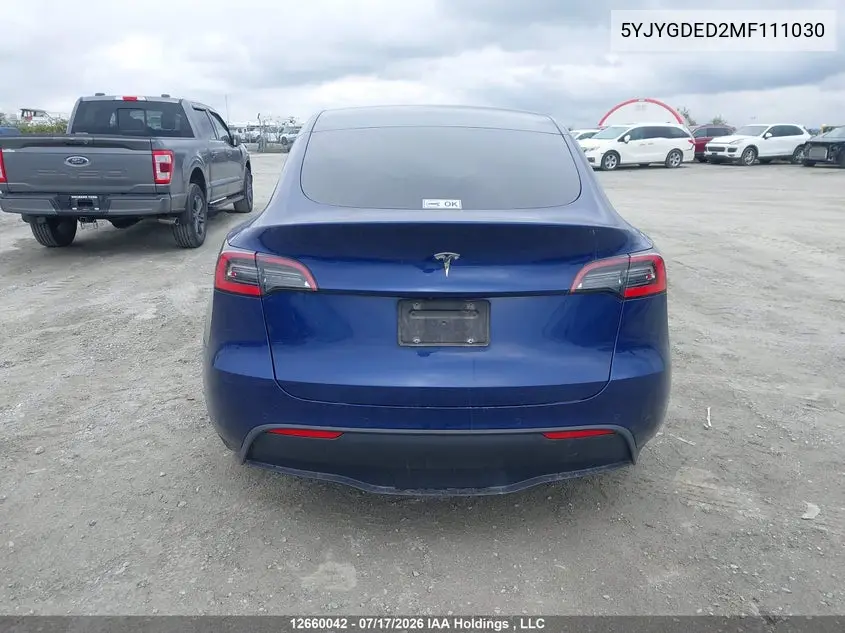 2021 Tesla Model Y Standard Range Rear-Wheel Drive VIN: 5YJYGDED2MF111030 Lot: 12660042