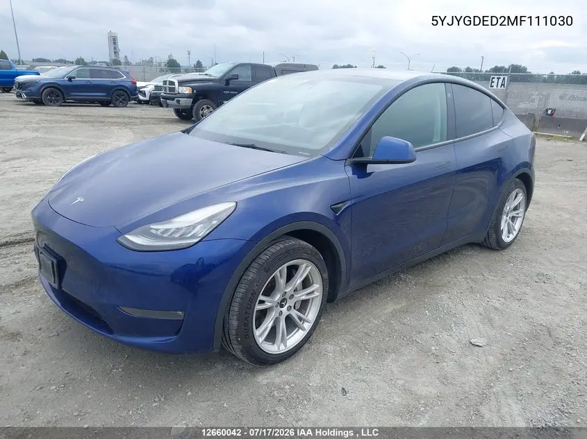 2021 Tesla Model Y Standard Range Rear-Wheel Drive VIN: 5YJYGDED2MF111030 Lot: 12660042