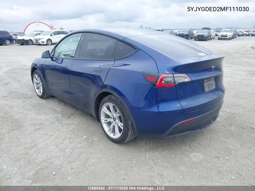 2021 Tesla Model Y Standard Range Rear-Wheel Drive VIN: 5YJYGDED2MF111030 Lot: 12660042