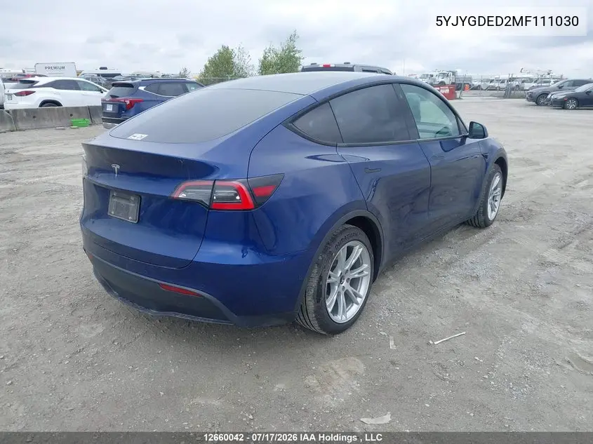 2021 Tesla Model Y Standard Range Rear-Wheel Drive VIN: 5YJYGDED2MF111030 Lot: 12660042