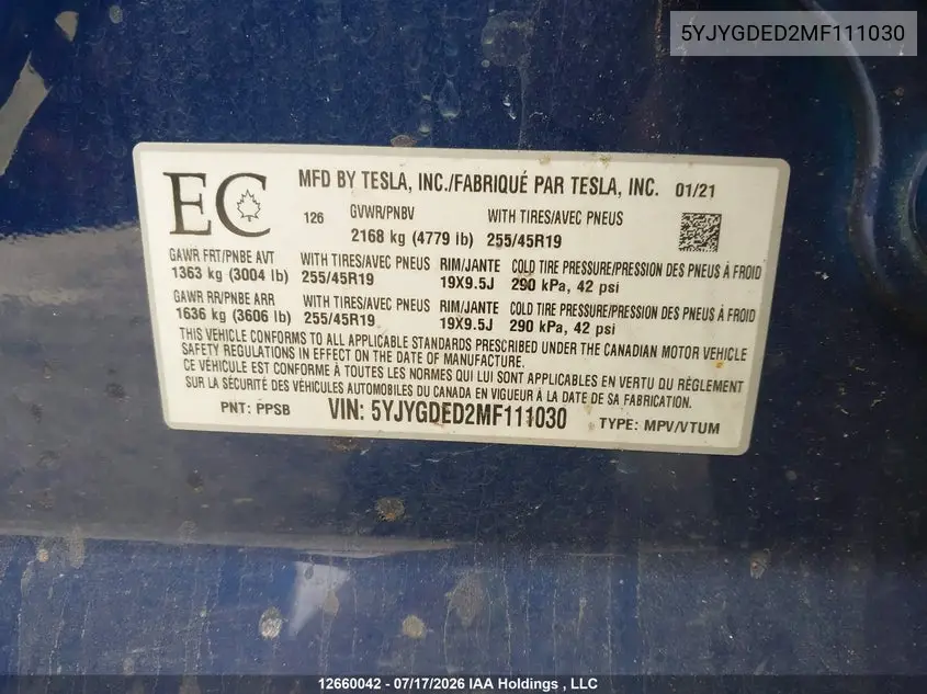 2021 Tesla Model Y Standard Range Rear-Wheel Drive VIN: 5YJYGDED2MF111030 Lot: 12660042