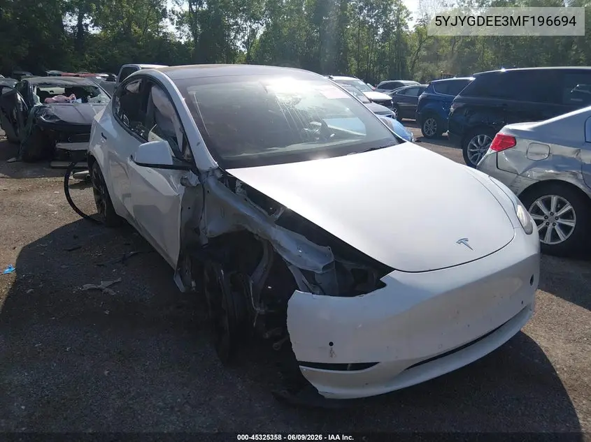 2021 Tesla Model Y Long Range Dual Motor All-Wheel Drive VIN: 5YJYGDEE3MF196694 Lot: 45325358