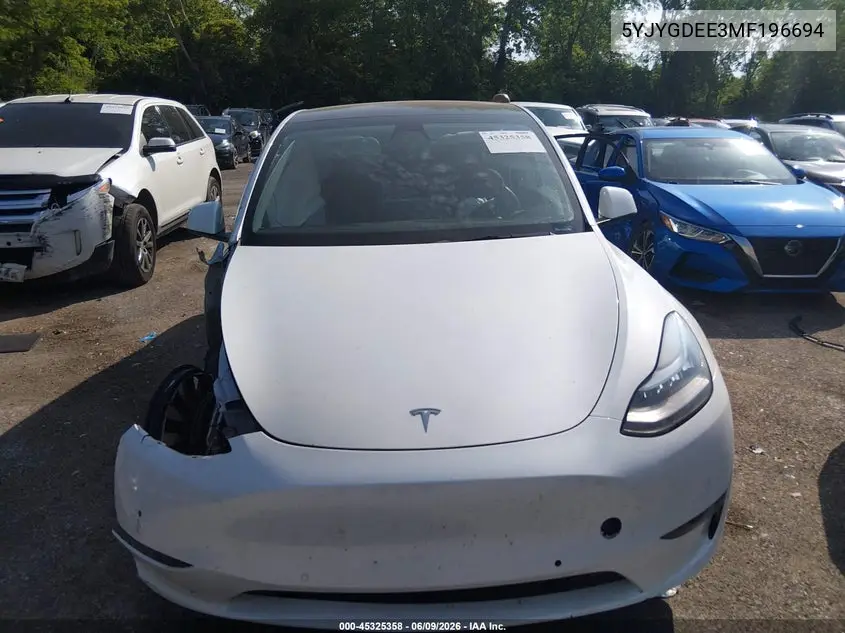 2021 Tesla Model Y Long Range Dual Motor All-Wheel Drive VIN: 5YJYGDEE3MF196694 Lot: 45325358
