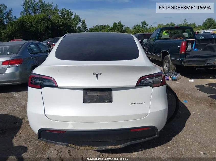 2021 Tesla Model Y Long Range Dual Motor All-Wheel Drive VIN: 5YJYGDEE3MF196694 Lot: 45325358