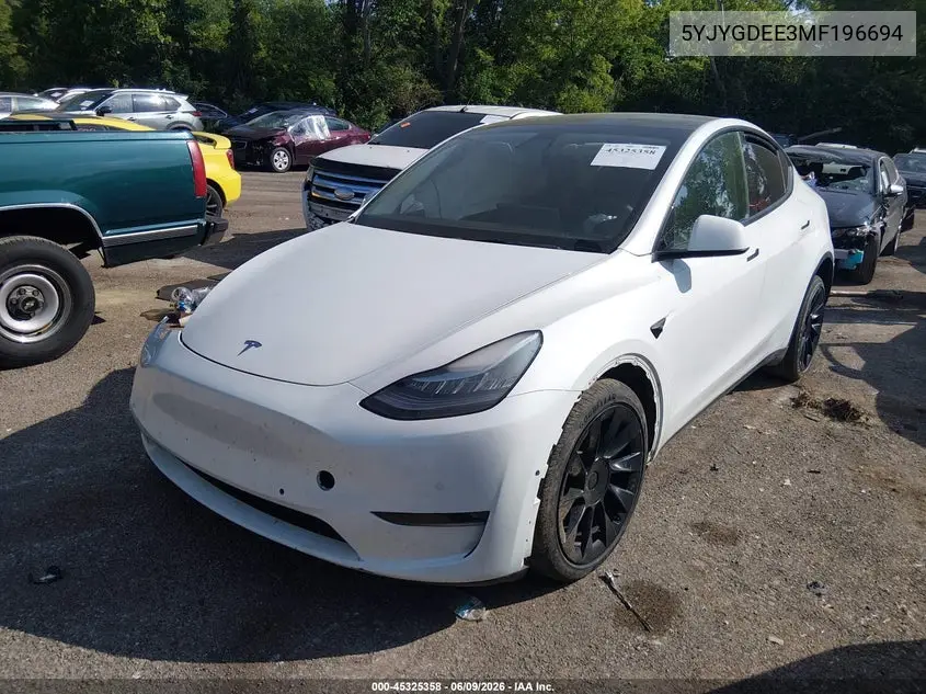 2021 Tesla Model Y Long Range Dual Motor All-Wheel Drive VIN: 5YJYGDEE3MF196694 Lot: 45325358