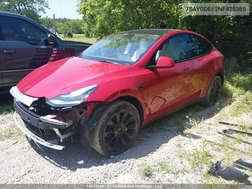 2022 Tesla Model Y Long Range VIN: 7SAYGDEE2NF425385 Lot: 12642218