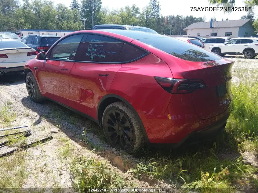 2022 Tesla Model Y Long Range VIN: 7SAYGDEE2NF425385 Lot: 12642218
