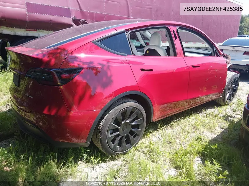 2022 Tesla Model Y Long Range VIN: 7SAYGDEE2NF425385 Lot: 12642218