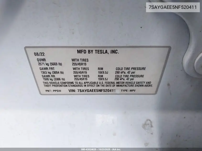 7SAYGAEE5NF520411 2022 Tesla Model Y Long Range Dual Motor All-Wheel Drive