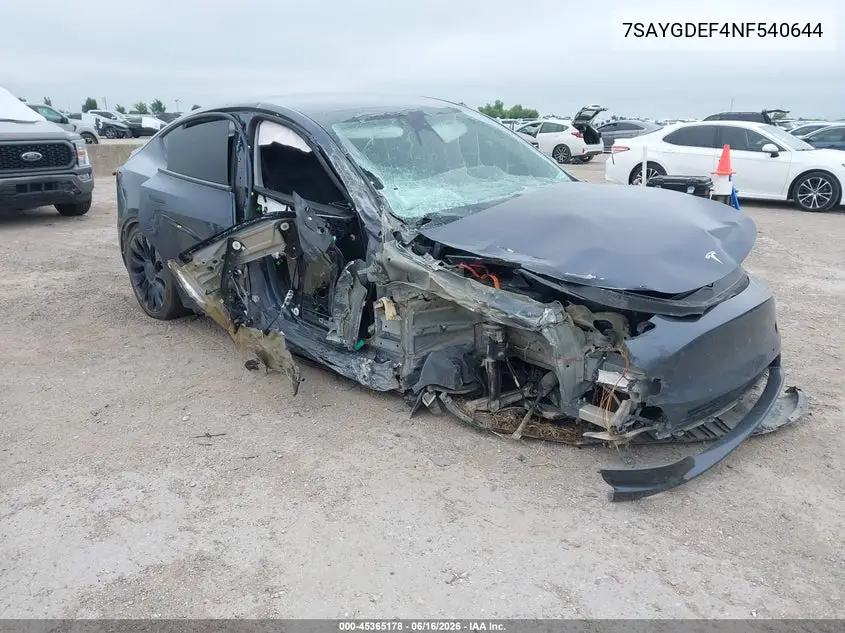 2022 Tesla Model Y Performance Dual Motor All-Wheel Drive VIN: 7SAYGDEF4NF540644 Lot: 45365178