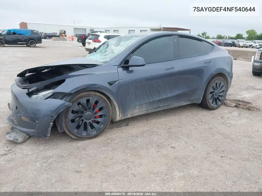 2022 Tesla Model Y Performance Dual Motor All-Wheel Drive VIN: 7SAYGDEF4NF540644 Lot: 45365178