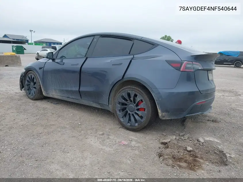 2022 Tesla Model Y Performance Dual Motor All-Wheel Drive VIN: 7SAYGDEF4NF540644 Lot: 45365178