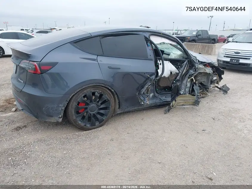 2022 Tesla Model Y Performance Dual Motor All-Wheel Drive VIN: 7SAYGDEF4NF540644 Lot: 45365178