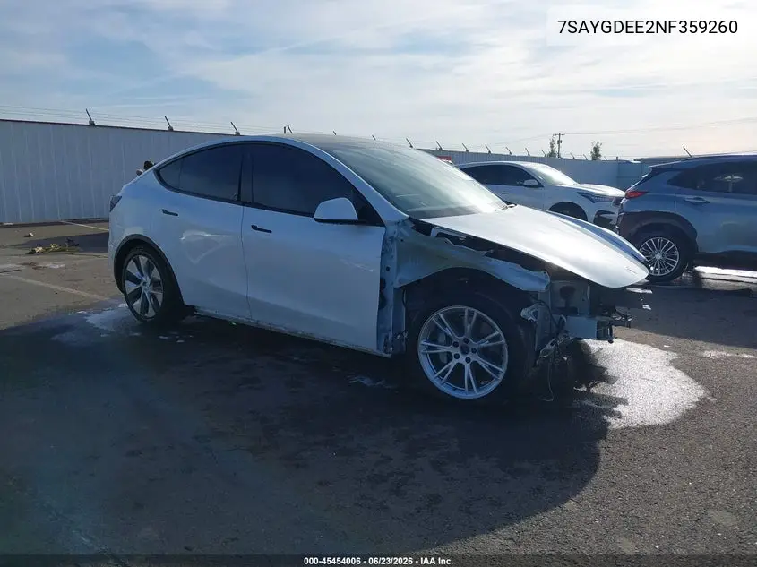 2022 Tesla Model Y Long Range Dual Motor All-Wheel Drive VIN: 7SAYGDEE2NF359260 Lot: 45454006