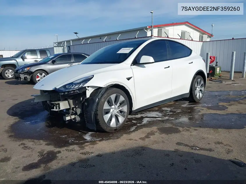2022 Tesla Model Y Long Range Dual Motor All-Wheel Drive VIN: 7SAYGDEE2NF359260 Lot: 45454006