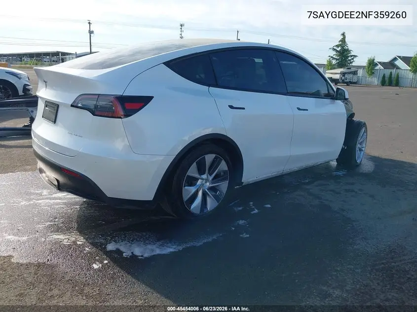 2022 Tesla Model Y Long Range Dual Motor All-Wheel Drive VIN: 7SAYGDEE2NF359260 Lot: 45454006