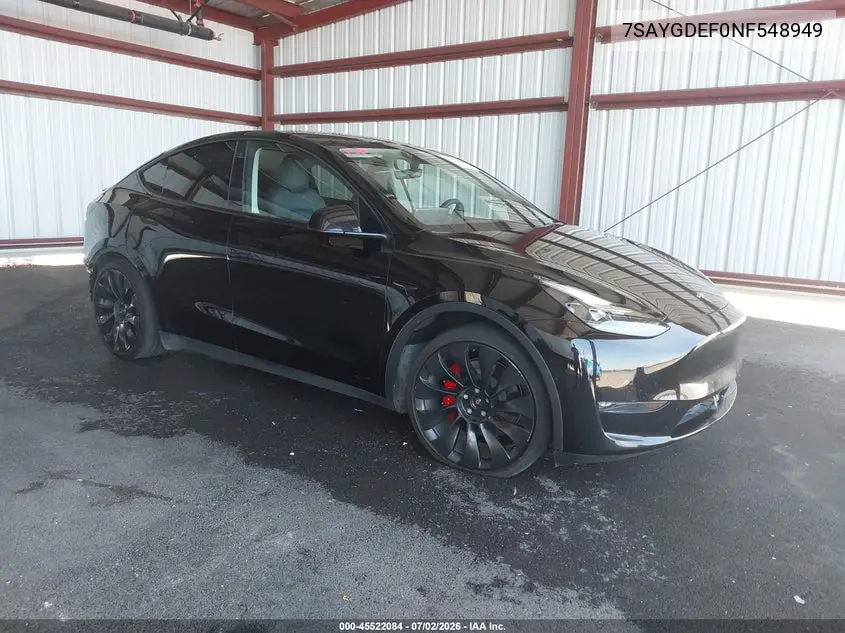 2022 Tesla Model Y Performance Dual Motor All-Wheel Drive VIN: 7SAYGDEF0NF548949 Lot: 45522084