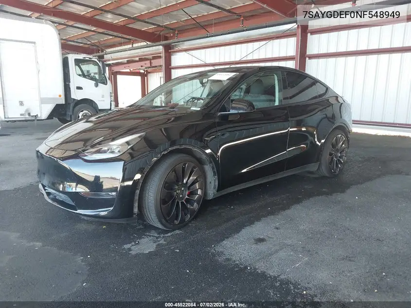 2022 Tesla Model Y Performance Dual Motor All-Wheel Drive VIN: 7SAYGDEF0NF548949 Lot: 45522084