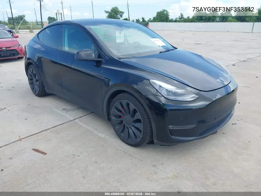 2022 Tesla Model Y Performance Dual Motor All-Wheel Drive VIN: 7SAYGDEF3NF353542 Lot: 45566193