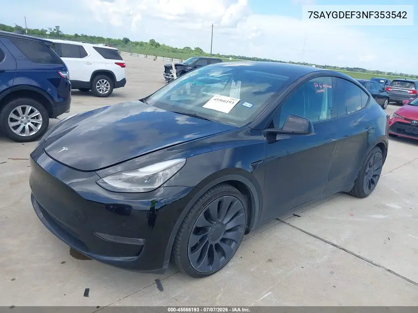 2022 Tesla Model Y Performance Dual Motor All-Wheel Drive VIN: 7SAYGDEF3NF353542 Lot: 45566193
