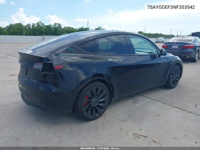 2022 Tesla Model Y Performance Dual Motor All-Wheel Drive VIN: 7SAYGDEF3NF353542 Lot: 45566193