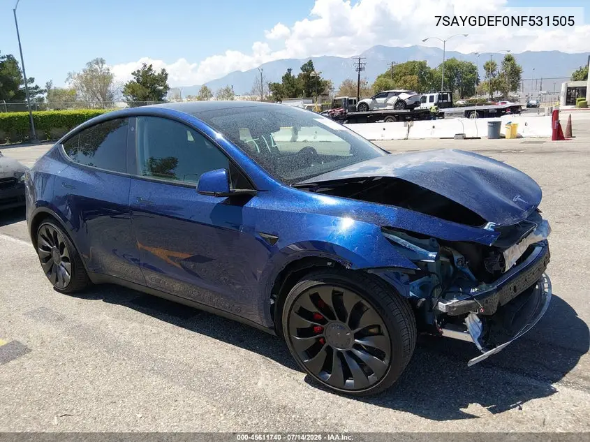 2022 Tesla Model Y Performance Dual Motor All-Wheel Drive VIN: 7SAYGDEF0NF531505 Lot: 45611740