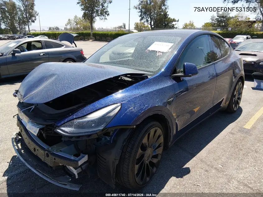 2022 Tesla Model Y Performance Dual Motor All-Wheel Drive VIN: 7SAYGDEF0NF531505 Lot: 45611740