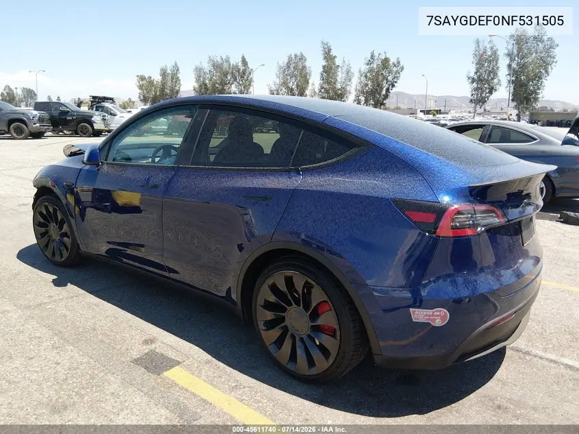 2022 Tesla Model Y Performance Dual Motor All-Wheel Drive VIN: 7SAYGDEF0NF531505 Lot: 45611740
