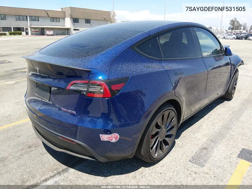 2022 Tesla Model Y Performance Dual Motor All-Wheel Drive VIN: 7SAYGDEF0NF531505 Lot: 45611740