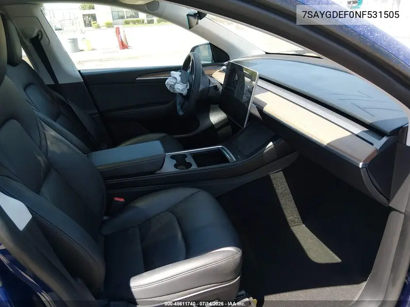 2022 Tesla Model Y Performance Dual Motor All-Wheel Drive VIN: 7SAYGDEF0NF531505 Lot: 45611740